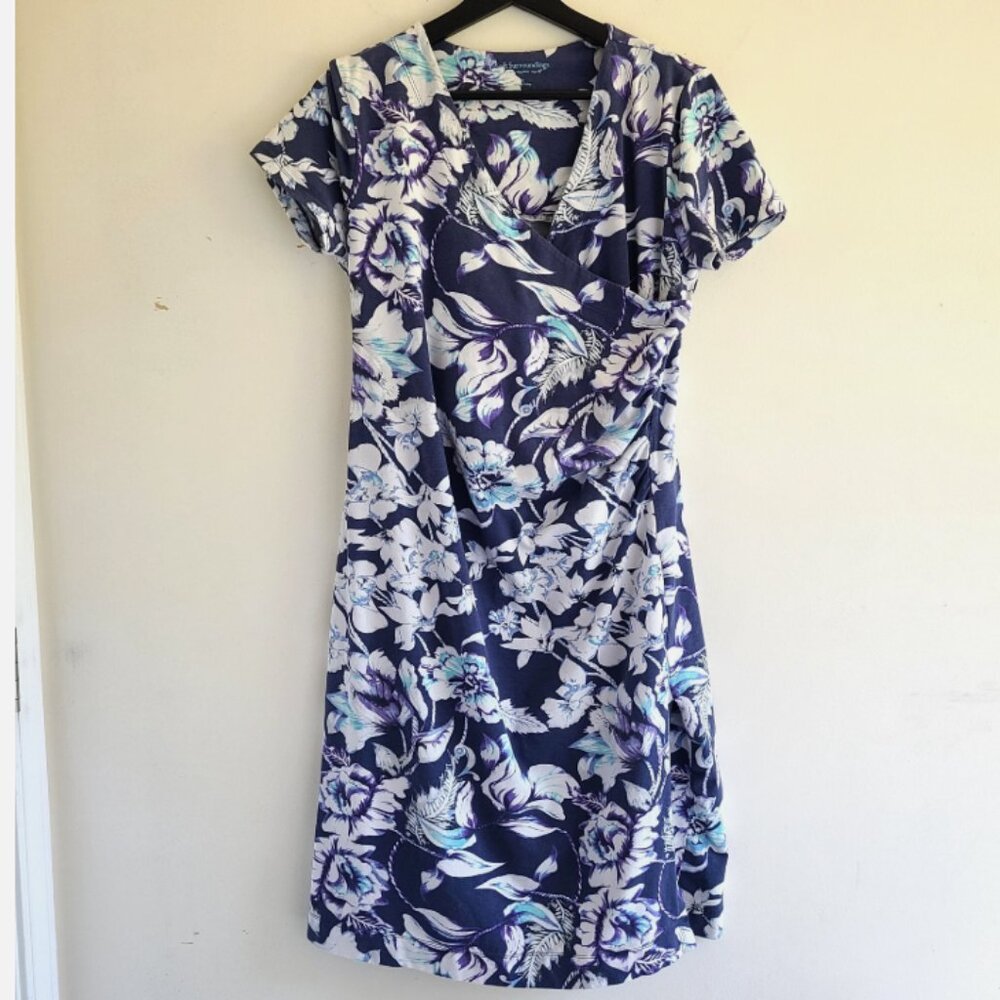 Soft Surroundings Dress M Shapely Anywhere Faux Wrap Blue Floral Knit Comfy
